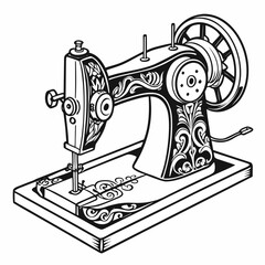 Vector art of a vintage sewing machine is isolated on white background in line art