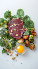 Fresh ingredients for healthy diet with raw beef and egg on white background