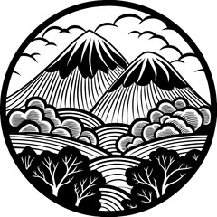 Obraz premium Vector art of a black and white mountain landscape in a circle isolated on white background