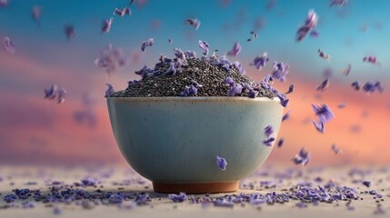 Bowl of petals with a vibrant, colorful background.