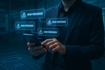 Mobile phone notification concept showing businessman receiving multiple alert messages in a modern digital communication interface for business updates and social media interactions