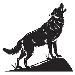 Vector art of a black silhouette of a wolf howling on a hill against a white background