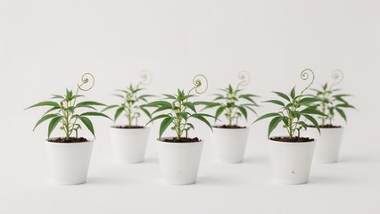 Obraz premium Cannabis young plants in pots. Legal indoor cannabis farming in private homes. Theme of cannabis rights.