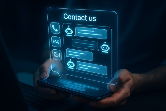 Contact chatbot assistance on mobile interface with messaging and faq icons for online help support communication technology and virtual customer service automation concept