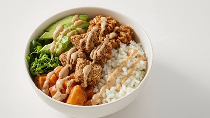 Obraz premium Vegan Buddha bowl packed with tofu, avocado, rice, fresh sprouts, sweet potato, and creamy tahini dressing.