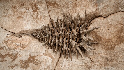 Fototapeta premium Ancient Bristlecone Pine Root Embedded in Textured Limestone Surface with Natural Patterns and Cracks