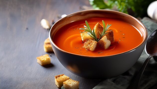 autumn soup delight a warm bowl of tomato soup beautifully adorned with golden croutons and fresh herbs captures the essence of a comforting fall meal a culinary photograph evokes warmth - Powered by Adobe