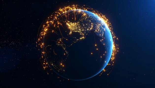 Earth globe, network of golden lines, city lights