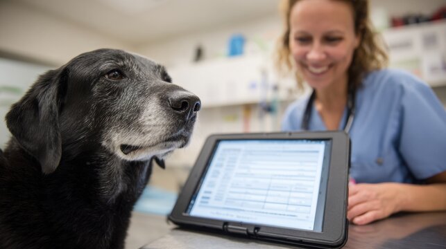 Vet Enters Exam Data on Tablet Beside Canine Patient in Veterinary Clinic During Consultation Time
