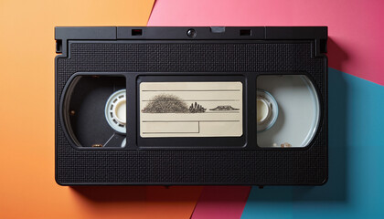 Vintage VHS tape with hand-drawn label on colorful background
