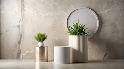 Two potted plants on decorative stands against a textured wall