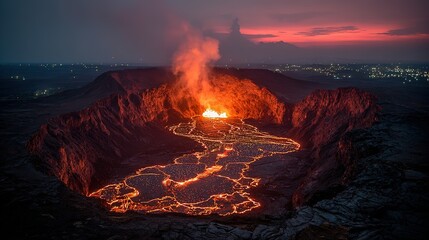 Fototapeta premium Molten lava flows within a volcanic crater at dusk.
