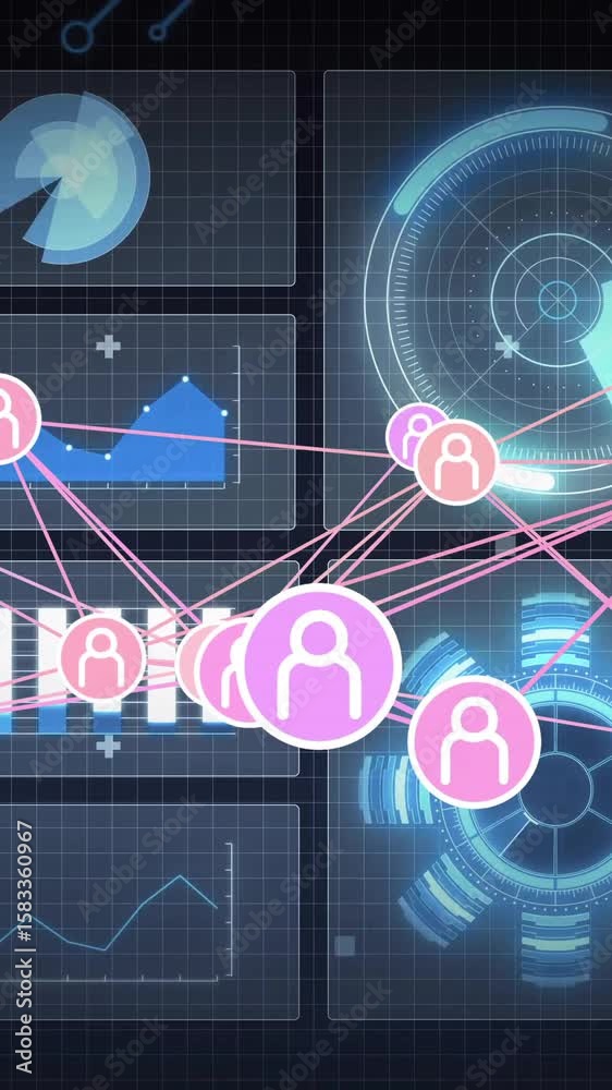 Poster digital interface with network of connections and data processing animation displayed