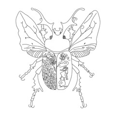Intricate black and white line art illustration of a decorative beetle featuring fantasy-inspired ornamental details, combining elements of nature, mythology, and folklore