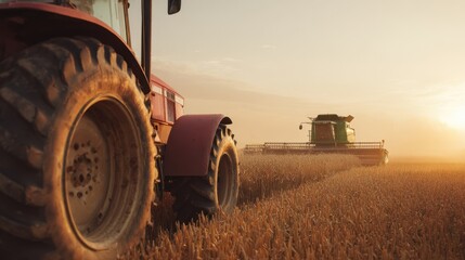 The tractors working together in a beautiful golden field during sunset.