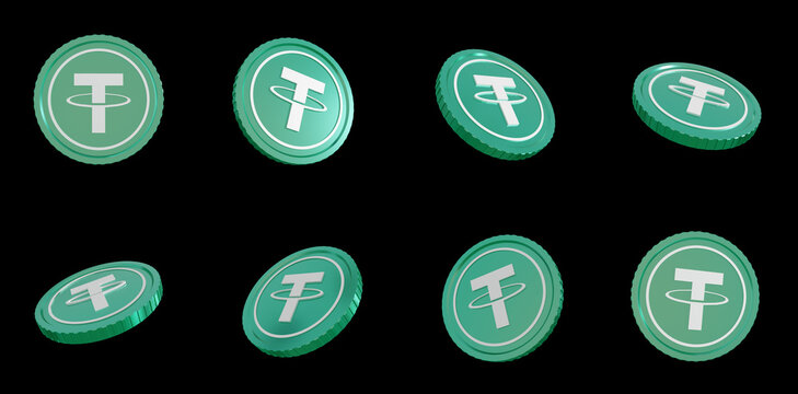 USDT Tether crypto coin set. Metallic digital currency tokens spinning. 3D Stable coin pack for blockchain, finance, and payment visuals. Vector illustration.