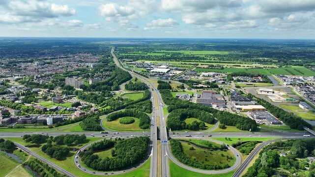 Aerial video from traffic on the cloverleaf junction Drachten in the Netherlands