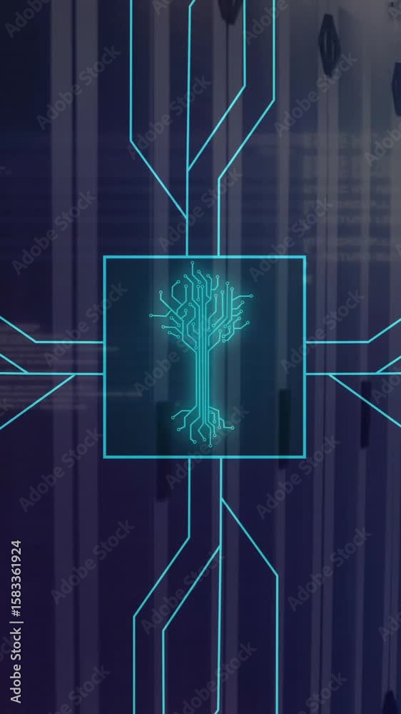 Poster digital circuit lines and neural network animation over server room background
