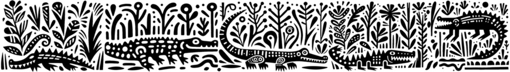 Hand-Drawn Alligator Illustration, Swamp Reptile Tribal Folk Art Style Vector for Wetland Wildlife Themes Design
