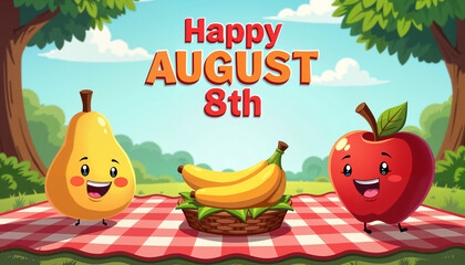 Cartoon fruits celebrating "Happy August 8th" on picnic blanket with cheerful mood in sunny park
