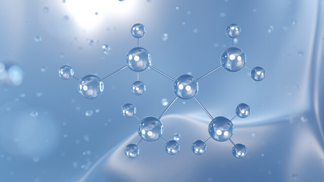 aminomethyl propanol molecular structure, 3d model molecule, amines structural chemical formula view from a microscope