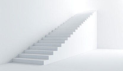 Minimalist white stairway ascends to light from stark room