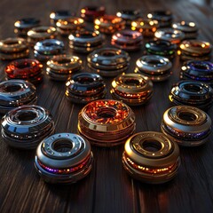 Colorful, futuristic rings on a wooden surface