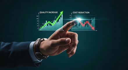 Obraz premium Business Growth Strategy: Hand Pointing to Quality Increase and Cost Reduction Charts for Financial Success and Data Analysis, Visual Presentation