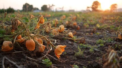 Dried pumpkins in sunlit field during autumn harvest season