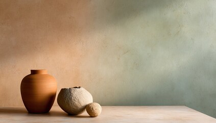Terracotta pottery on light beige surface