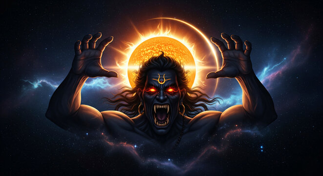 A conceptual illustration of the demon Rahu &ndash; only a head and hands &ndash; swallowing the sun, representing the eclipse myth