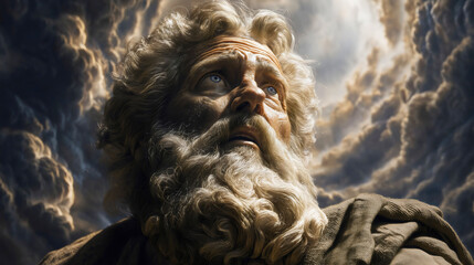 
Moses looking up at the clouds with joy on his face as he witnesses a miracle of God  Moses from the Bible.