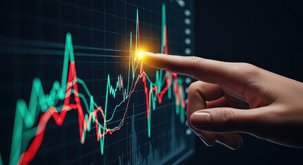 Analyzing Stock Market Data: Hand Pointing at Financial Chart with Rising Trends for Investment Decisions and Business Growth on Dark Background