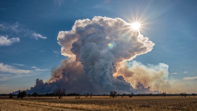 Pyrocumulus cloud formation above a large smoke plume from a wildfire in a rural landscape under bright sunlight