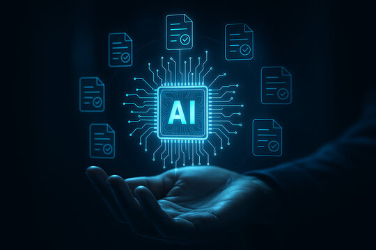 Artificial intelligence circuit board glowing chip with ai processor in futuristic hand interface controlling data automation and machine learning with cloud document icons