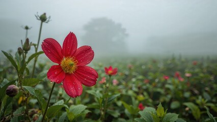Fototapeta premium A red untamed flower flourished in the rainy period