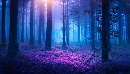 a mystical enchanted forest bathed in glowing blue and purple light