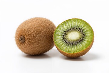 Fototapeta premium Exotic kiwi fruit composition showing whole and halved pieces on clean white backdrop