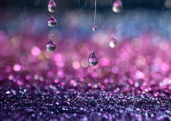Water droplets on a vibrant purple and pink glitter surface