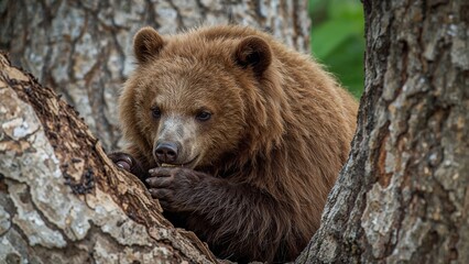 Fototapeta premium A sloth bear feeding on termites within tree bark