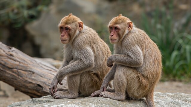 A pair of macaque monkeys enjoying a sunny day at an animal park