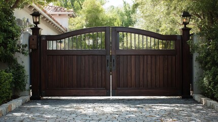Elegant wooden gates set in a lush green landscape, enhancing the charm of a serene residential entrance.