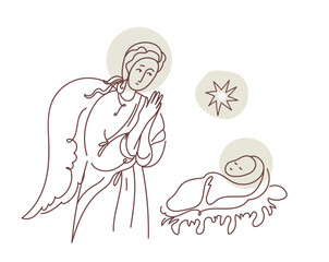 Angel and newborn Jesus.  religious concept for Christmas and holiday graphic. Vector line art hand drawn  illustration.