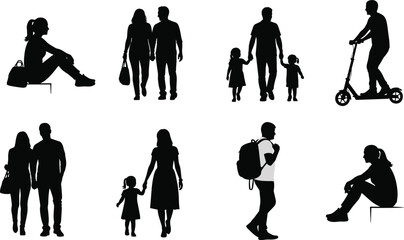Silhouette, Family, Urban, Outdoors, Walking, Sitting, Child, Parent, Scooter, Backpack, Together, Life, Lifestyle, People, Activity, City, Public, Evening, Motion, Shadow