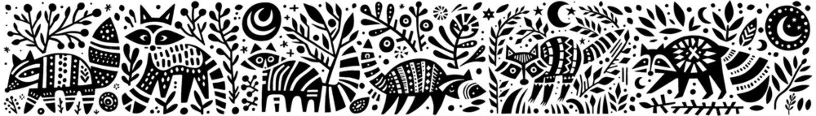 Hand‑Drawn Raccoon Illustration, Tribal Forest Folk Art Pattern Vector for Wildlife and Woodland Nature Theme Designs