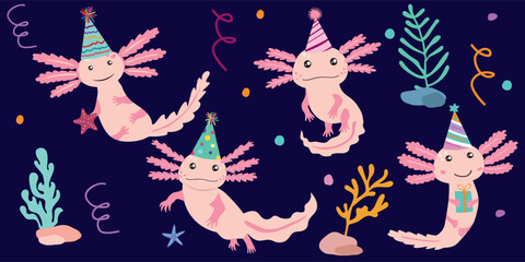 Cute axolotls in party hats with sea elements, colorful underwater celebration illustration on dark background