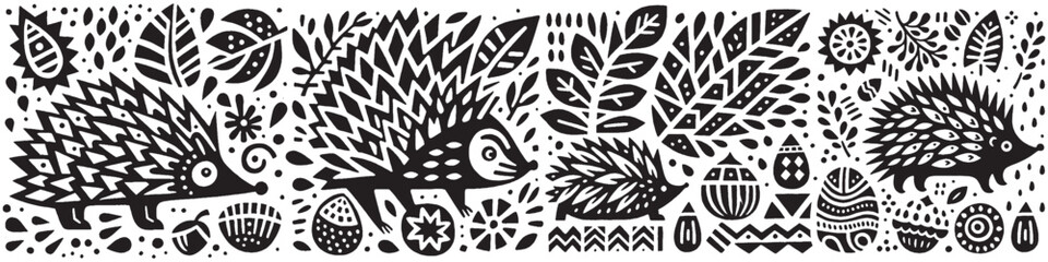 Hand-Drawn Hedgehog Illustration, Forest Animal Tribal Folk Art Style Vector for Woodland Wildlife Themes Design