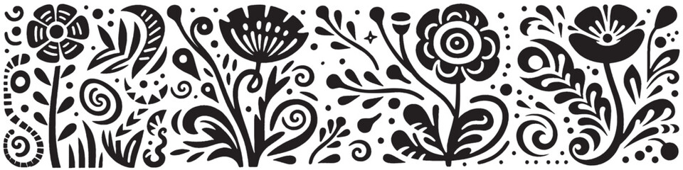 Hand-Drawn Peony Flowers Illustration, Botanical Plant Tribal Folk Art Style Vector for Garden and Nature Themes Design