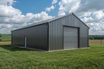Industrial steel shed exterior with clean design in countryside setting for storage and manufacturing needs

