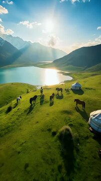Nomadic Yurts and Grazing Horses by Turquoise Mountain Lake